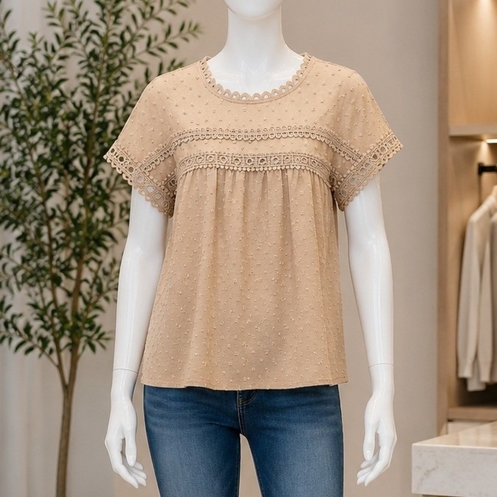 Dokotoo Womens Blouse Tan Swiss Dot Crochet Lace Trim Button Back Large